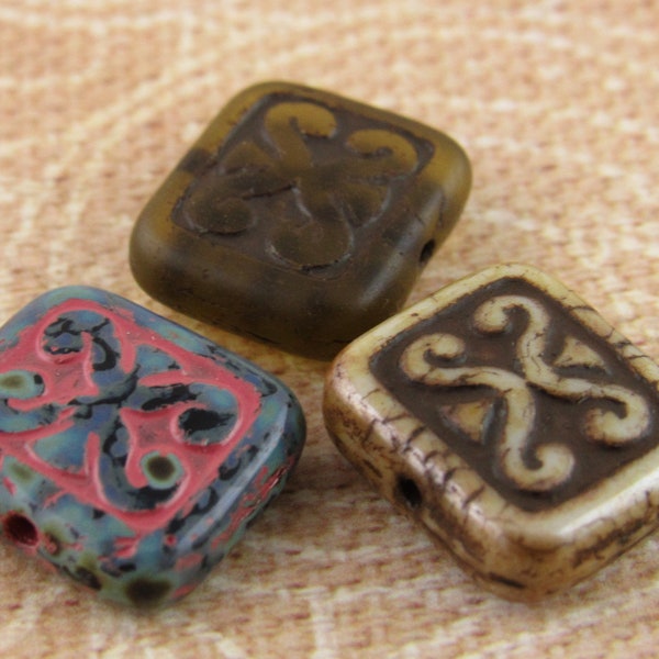 Rectangle Picasso Czech Glass Beads, Ornamental Square Beads - (7 or 15 beads)