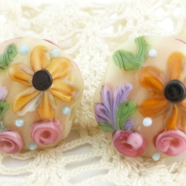 Summer Flower Garden Lampwork Lentil Beads (2)