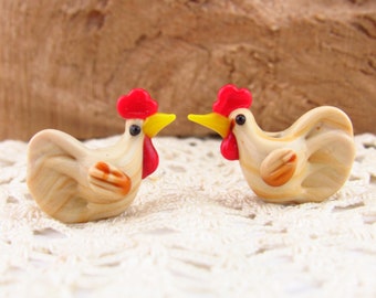 Chicken Glass Beads, Lampwork Rooster Beads, Glass Animal Beads (2)