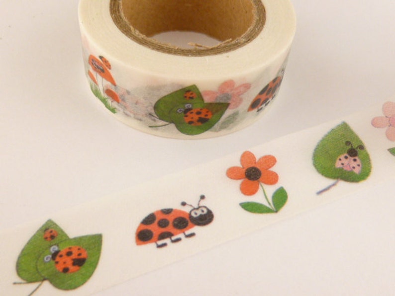 Washi Tape Ladybug Flowers Washi Ta e, Mushrooms, Nature Washi Tape, 36 Sample Washi Tape or Full Roll - L1679
