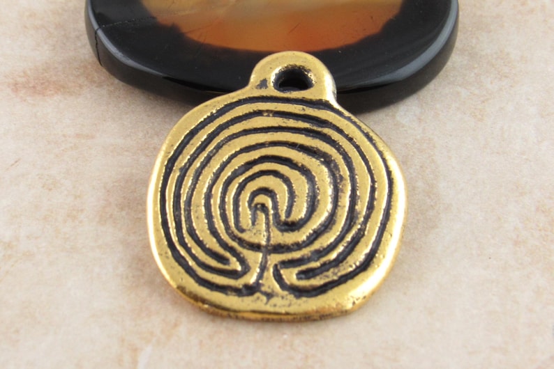 Labyrinth Chain 30mm Antiqued Gold Labyrinth Pendant, Mykonos Two Sided Disc Casting ...
