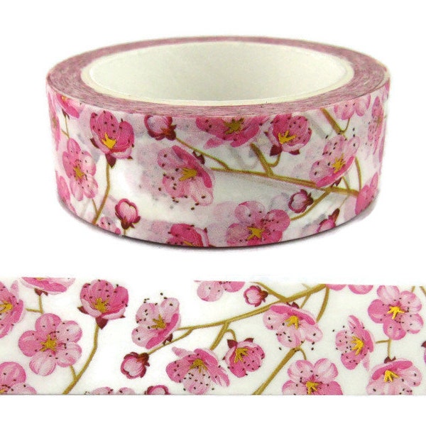 Pink Blossoms Washi Tape, Washi Tape Pink Flowers, Cherry Blossoms Washi Tape, Metallic Gold Foil Washi Tape, Full Roll - SSS11