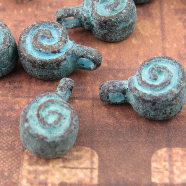 Patina Spiral Charm, Rustic Blue Snail Shell Charm, Mykonos Casting Finding (4) - M66