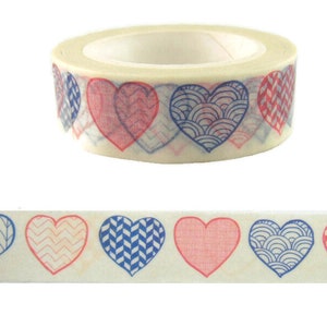 Patriotic Hearts Washi Tape, Red White Blue Washi Tape, Full Roll  - CWWTS
