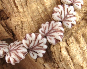 13x10mm Czech Maple Leaf Glass Beads, Brown Czech Autumn Leaf Beads, White Leaf Beads, (10 beads)