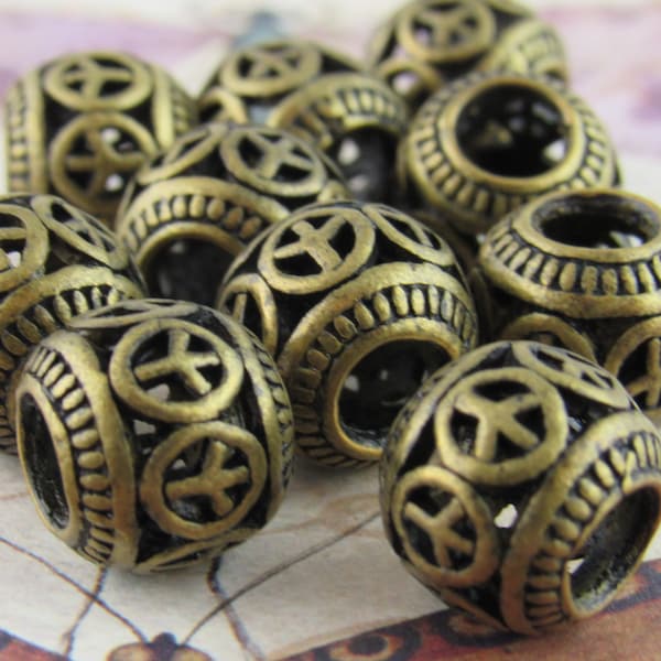 11mm Filigree Peace Spacer Bead, Large Hole Metal Spacer Beads, Antiqued Bronze (4) - BF38