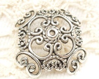 29mm Extra Large Vintage Look Filigree Bead Caps, Antique Silver (4) - SF91
