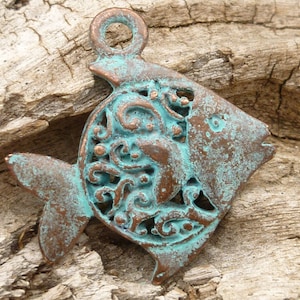 Rustic, Patina Filigree Fish Charm Pendant, Mykonos Casting Beads (1) - M35-VA - X5163