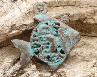 Rustic, Patina Filigree Fish Charm Pendant, Mykonos Casting Beads (1) - M35-VA - X5163