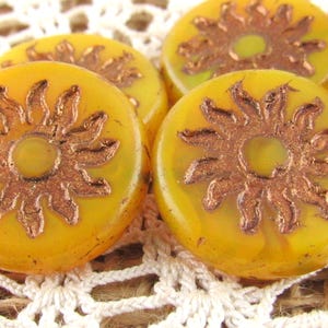Yellow Sun Glass Beads, Medallion Czech Gold Sun Coin Beads (1 or 2) - 0810/SUN
