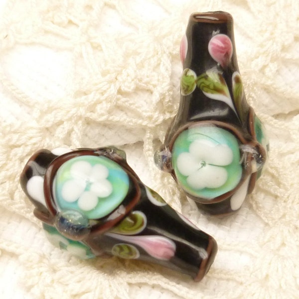 Marvelous Black, Capri blue, Floral Vase Bottle Lampwork Beads (2)