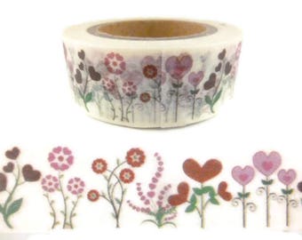 Washi Tape, Red Flowers Washi Tape, Love Washi Tape, Pink Flower Washi Tape, Full Roll - V1110