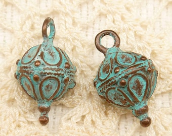 Vintage Look Verdigris Patina Ball Drop Charm Pendant, Mykonos Casting Bead (2) - M7 - X3799