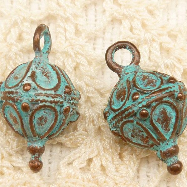 Vintage Look Verdigris Patina Ball Drop Charm Pendant, Mykonos Casting Bead (2) - M7 - X3799