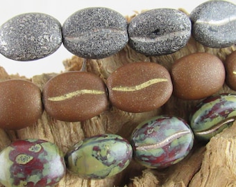 11mm Czech Glass Coffee Bean Beads, Black Coffee Glass Beads, Brown Coffee Beads (6 and 15 Beads)