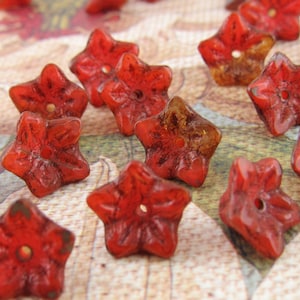 9x6 Orange Red Glass Bell Flower Beads, Antiqued Five Petaled Bell Flower Czech Glass Beads,  12 or 25 beads 0261/FLO