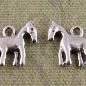 May include: Two silver-toned horse charms with a loop for attaching to a necklace or bracelet. The charms are detailed with a simple horse design.