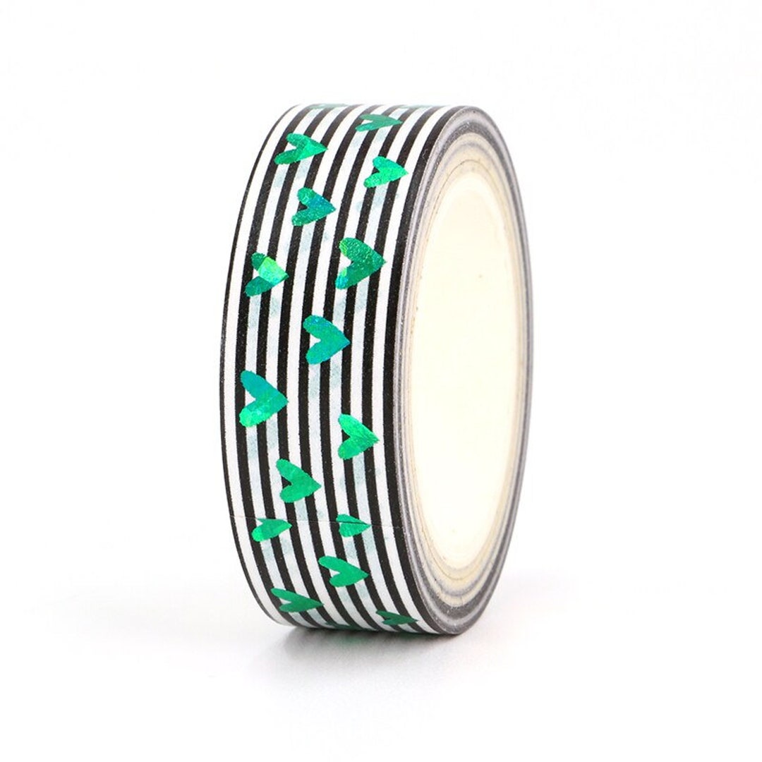 Washi Tape Green Heart, Green Foil Washi Tape, Striped Washi Tape, Full