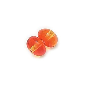 May include: Two orange glass beads with gold flecks. The beads are oval shaped and have a glossy finish.