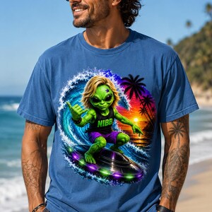 T-Shirt, Green Alien Purple Mohawk Surfer Nibb Sunset T-Shirt | Neon Beach Skull Wave