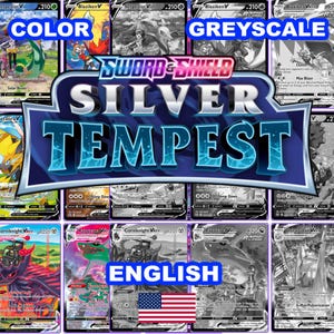 May include: A collection of Sword & Shield Silver Tempest trading cards displayed in a grid. The image features both full-colour and greyscale versions of various character cards, with the central logo text reading Sword & Shield Silver Tempest.