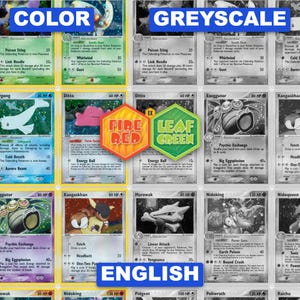 May include: A grid of trading cards featuring various creatures, divided into color and greyscale sections. A central hexagonal emblem displays the text FIRE RED and LEAF GREEN. The cards include names like Butterfree, Ditto, and Exeggutor.