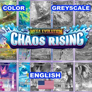 May include: A collection of trading cards featuring various creatures, displayed in both full color and greyscale versions. The central graphic displays the text Mega Evolution Chaos Rising in bold letters, with a blue water splash effect.