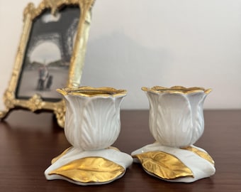 Pair of Vintage Rosenfeld Imports NY creamy white porcelain and gold rose flower table light