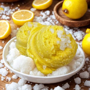 May include: A close-up shot of a white bowl filled with white crystals and two scoops of yellow sorbet. The sorbet is topped with more crystals. Halved and whole lemons are scattered around the bowl on a wooden surface.