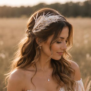 Diadema nupcial bohemia con plumas, corona de novia rústica
