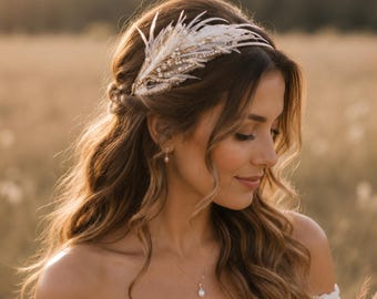 Boho Feather Bridal Headband, Rustic Bride Crown