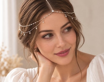Cadena para el cabello de novia, tocado de cristal plateado y dorado, joyería para el cabello de boda estilo boho