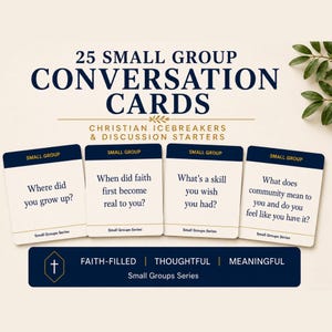 May include: A set of 25 small group conversation cards with dark blue text on cream backgrounds. The cards feature questions like Where did you grow up? and When did faith first become real to you? The set includes a dark blue banner with a cross icon.