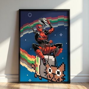 Puede incluir: Un póster enmarcado que muestra a un personaje con traje rojo y negro con dos espadas en la espalda, levantándose un sombrero blanco mientras monta un gato pixelado marrón que deja una estela de arcoíris sobre un fondo azul estrellado.