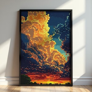 May include: A framed pixel art print depicting a vibrant sunset with a large, golden-yellow cloud formation dominating the centre against a deep navy blue sky, with a glowing orange and red horizon line at the bottom of the rectangular composition.