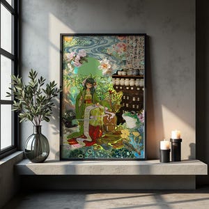 May include: A rectangular framed wall art print featuring a stylized illustration of a figure in green robes holding a long scroll, surrounded by bamboo, a large green frog, floral elements, and a wooden cabinet with jars against a patterned background.