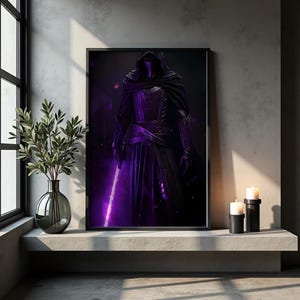 Darth Revan Poster, Wandbild eines Sith-Kriegers der Alten Republik, Druck eines lila Lichtschwerts, düstere Galaktik-Deko, Geschenk für Star Wars- und Gaming-Fans