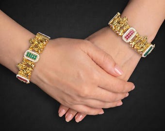 Ruby Emerald Green Polki Bangles Gold Plated Punjabi / Indian Bangles Bridal Pair of 2 Kada Jewelry Gift F or Her