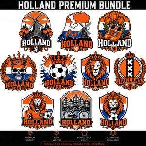 Może przedstawiać: Cyfrowa kolekcja grafik zatytułowana HOLLAND PREMIUM BUNDLE, zawierająca dziewięć różnych emblematów w kolorach pomarańczowym, białym i niebieskim. Wzory obejmują wiatraki, tulipany, chodaki, czaszkę w koronie, piłkę, lwa i rower.