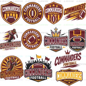 May include: A collection of twelve graphic logos featuring the text Commanders Football in maroon, gold, and white. The designs include footballs, shields, stars, a crown, a running player, and silhouettes of cheering fans with flags in various layouts.