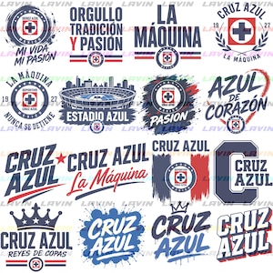Può includere: Una collezione di sedici design grafici con il logo della squadra di calcio Cruz Azul, inclusi testi come La Máquina, Estadio Azul e Azul de Corazón, realizzati in tonalità di blu, rosso e bianco con vari effetti di pennellate artistiche.
