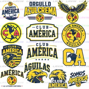 May include: A collection of Club América soccer team logos and graphic designs in yellow and navy blue. The images feature eagles, soccer balls, the letters CA, and text including Vamos America, Orgullo Azulcrema, and Club América.