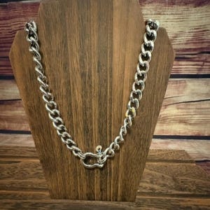 Puede incluir: Un collar de cadena de metal plateado con eslabones ovalados gruesos y entrelazados. El collar se asegura con un prominente cierre de grillete en forma de U situado en la parte central delantera, creando una estética audaz e industrial.