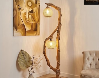 Tall Driftwood Floor Lamp, Rustic Boho Jute Rope Globe Shade, Farmhouse Living Room Light