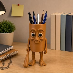 Pode incluir: Um porta-lápis cilíndrico castanho com a forma de uma personagem de desenho animado com olhos grandes, boca sorridente, dois braços e duas pernas. A personagem segura uma maça castanha numa mão. Várias canetas estão dentro do suporte.