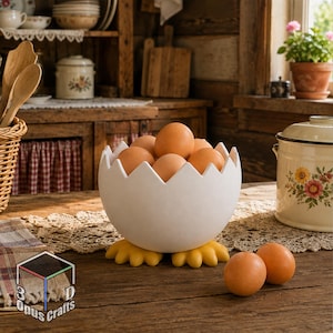 Può includere: Un portauova in ceramica bianca a forma di guscio d'uovo rotto con piedini gialli, riempito con diverse uova di gallina marroni. Due uova marroni aggiuntive sono posizionate sulla superficie in legno davanti al supporto dal bordo superiore seghettato.