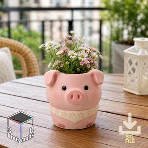 May include: A light pink pig-shaped planter featuring a cream-colored bandana pattern with star outlines around the base. The planter is filled with small white and pink flowers. The design includes two ears, a snout, and black eyes.