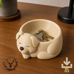 May include: A beige, circular storage bowl featuring a sculpted, sleeping puppy head on the front rim. The puppy has closed eyes and a dark brown nose. The bowl is made of a textured material and contains a set of metal keys inside the basin.