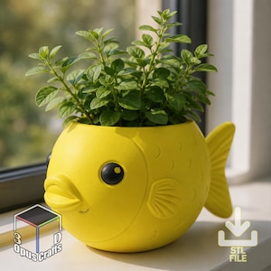 May include: A bright yellow fish-shaped planter featuring a rounded body, embossed scale patterns, a prominent tail fin, and large black eyes. A green leafy plant is potted inside the container. The text 3D Opus Crafts and STL FILE appear.