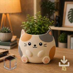 May include: A calico cat-shaped planter with a matte finish, featuring a cream-colored body, orange and gray patches, and pink paw pads on the feet. The planter has a small green plant inside and displays the text 3D Opus Crafts and STL FILE.